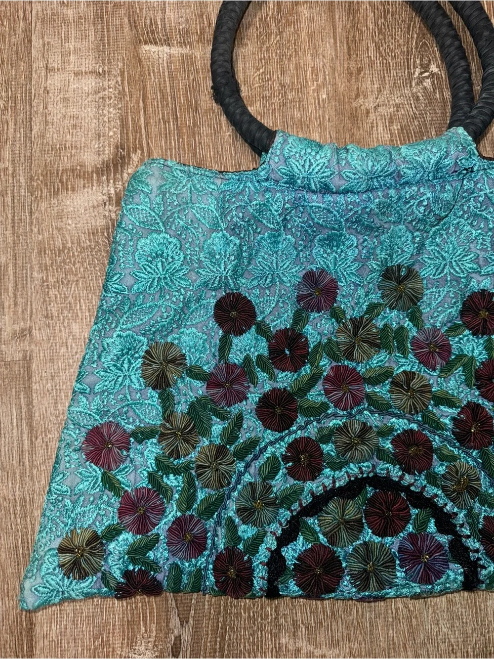 Turquoise Embroidered Floral Tote Bag - Unbranded